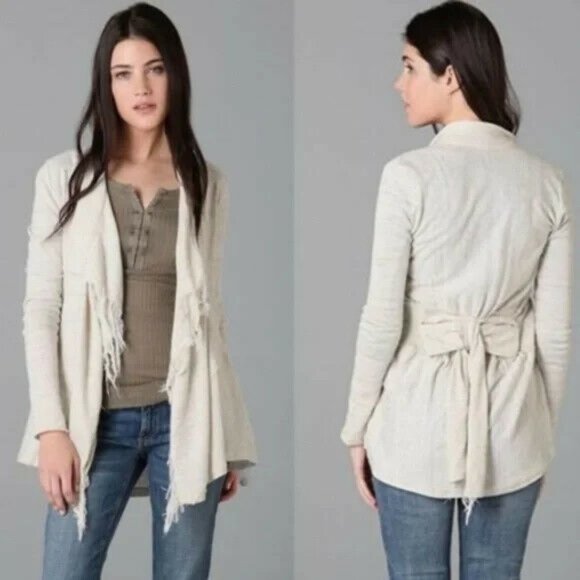 Free People Sweaters - FREE PEOPLE Take A Bow Faux Wrap Cardigan Sweater, Light Gray Fringe Boho, S